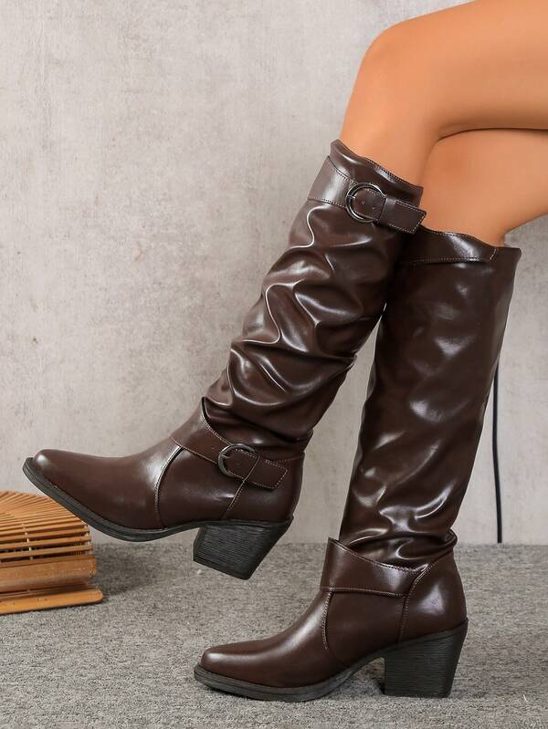 Women's Brown Fashion Mid-Calf Boots, Single-Lined Spring/Autumn Dress Boots, New Buckle Strap European & American Niche Thick Heel Chunky Sole Lightweight Western Slouchy Autumn/Winter Retro Motorcycle Boots, Slimming