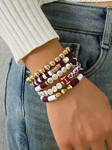 5pcs/Set Personalized Soft Clay Bracelet Set, Creative Metallic Bead, Olive, Heart, Slice Decor Layered Bracelets