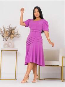 Women's Evangelical Midi Dress With Belt And Button, Secretary , Church Worship Uniform - 中紫紅色 - 查看 1