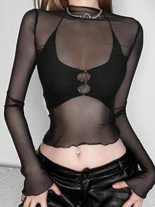 Áo croptop nữ Top Dazzle gợi cảm, hở lưng, tay dài, cổ tròn, chất liệu lưới, kiểu dáng thường ngày và dễ thương, thích hợp cho chụp ảnh đi biển hoặc lễ Phục sinh. - màu đen - Xem 1