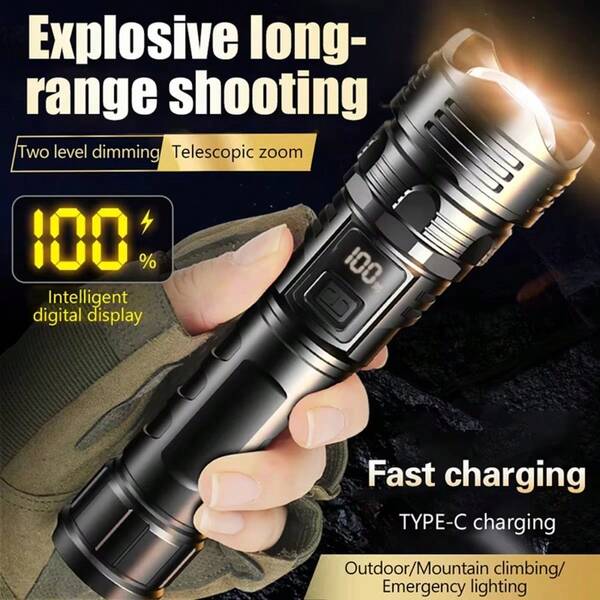Powerful Led Flashlight Super Bright Digital Display Extendable Zoomable Portable Rechargeable Flashlight Emergency Spotlights