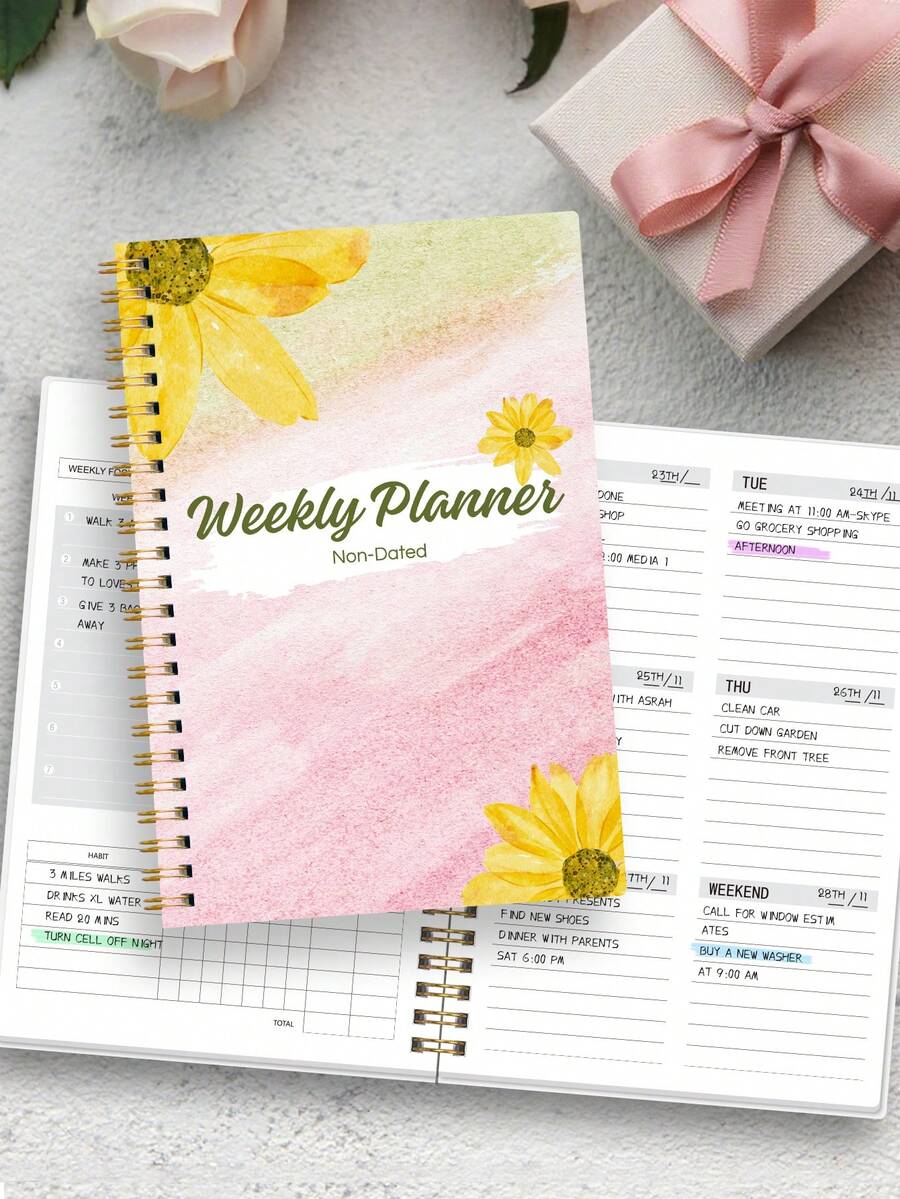 week plan 1件 A5 螺旋裝訂週計畫本-無日期日計畫本,附任務核對清單、專注框與習慣追蹤器-適合學校辦公用品的桌面日記本,萬聖節女性與男性學校用品禮物 - 粉色 - 查看 1