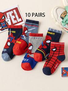 10 Pairs Kids Marvel Superhero Spider-Man Socks, Boys Mid-Calf Socks, Korean Cartoon Autumn/Winter Girls Socks, Children Spider-Man & Superhero Character Socks
