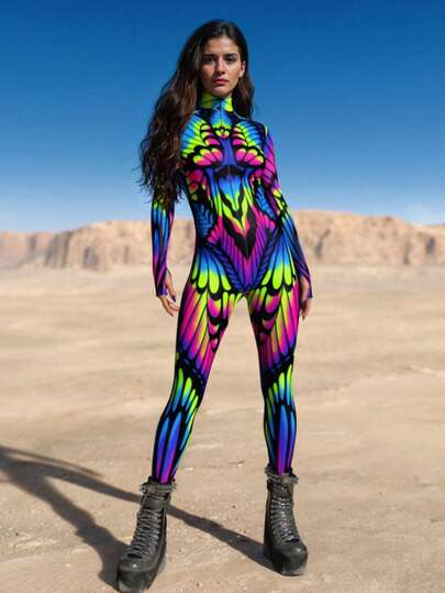 Women's Sexy Party Jumpsuit, Rose Skull Print, Bodycon, Performance, Holiday, Long Sleeve, Front Zipper, Halloween Costume