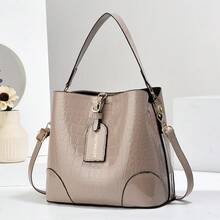 女式大容量压花水桶包，带 3 个口袋，简约休闲单肩包和斜挎包，时尚斜挎包