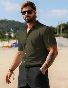 URRU Men's Muscle Dress Shirts Collared Stretch Short Sleeve Casual Button Down Shirts For Men - Army Green - View 4
