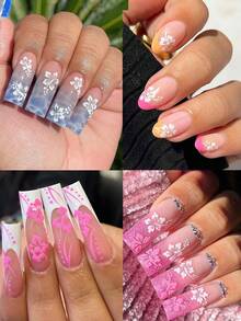 3D 芙蓉花指甲贴纸夏季装饰粉白花朵指甲贴热带叶子滑块美甲箔（2 件） - 彩色 - 查看 2