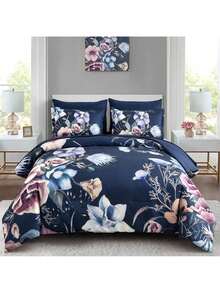 7 Pieces Purple Floral Comforter Sets Full Queen King Bed In A Bag,Elegant Flower Comforter With Sheet Set, Soft Microfiber Bedding Set For Wedding Items,Valentines Day Home Bed Room Decor,Mothers Day Gift,All Season - Navy and Blue - 查看 9