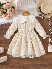 4-7 Years Old Girls Autumn Lace Long Sleeve Collared Waisted Princess Dress