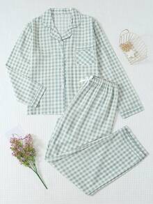 2pcs Women Plaid Print Pajama Set, Long Sleeve Button Collar Top And Long Pants, Casual Sleepwear Homewear Suit For Autumn/Winter, Fall Clothes