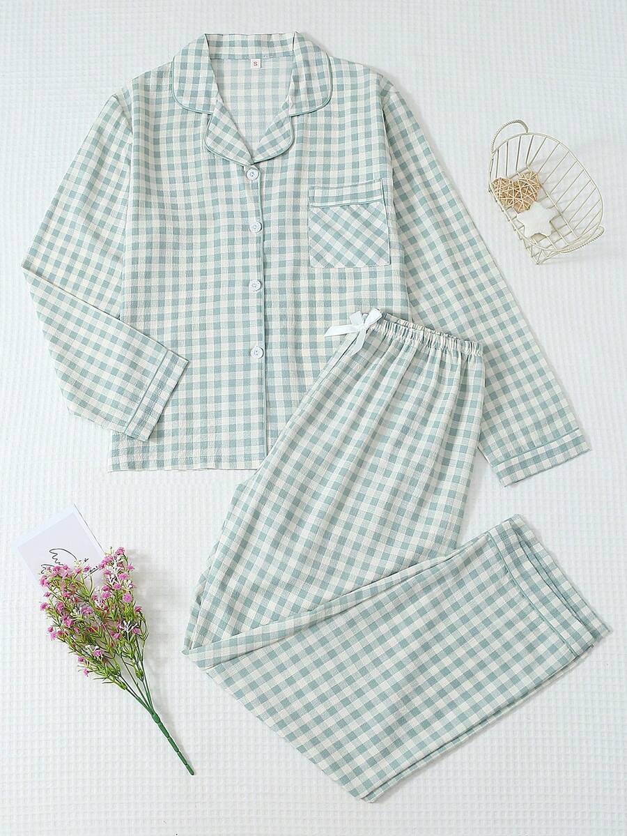 2pcs Women Plaid Print Pajama Set, Long Sleeve Button Collar Top And Long Pants, Casual Sleepwear Homewear Suit For Autumn/Winter, Fall Clothes