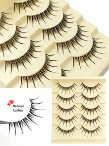 Rikuaild 5 Pairs Natural Curly & Thick Lightweight Anime Style False Eyelashes, Soft Criss-Cross Black & Transparent Band, Pointed Cartoon Design Lashes - Suitable For Daily Use, European & American Style, Portable & Easy To Apply Makeup Tool - 尖尾漫畫款 - 查看 4