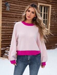 Damen Herbst/Winter hochwertiger Pullover mit Kontrastfarben, Rundhalsausschnitt, Langarm, Strick-Top