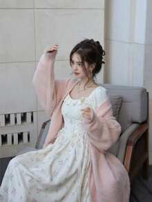 Suéter feminino elegante rosa felpudo, cardigans, roupas de Natal, moda outono inverno, pele sintética, casaco longo, estilo coreano, feminino, casual, solto, malha, agasalho