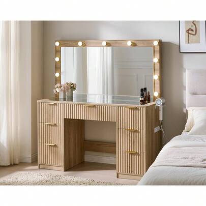Merluxy 47.2" Fluted Vanity Desk With Large Mirror And Adjustable LED Lights, Makeup Vanity With 7 Drawers, Glass Top And Charging Station For Bedroom Or Dorm, Women And Girls, Natural Oak