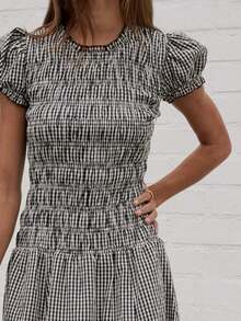 Women's Summer Dresses, Plaid Print Round Neck Short Sleeve Midi Dress For Casual Dailly Street Wear - 黑色 - 查看 4