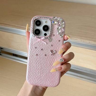 Snakeskin Texture Bow Rhinestone Stacked Phone Case Compatible With Iphone 16, New Compatible With Iphone 17 Case, Shockproof Cover Compatible With Iphone 16 Pro Max, Compatible With Iphone 15 Pro Max, Compatible With Iphone 13, 14, 12, 11 Plus, Pink