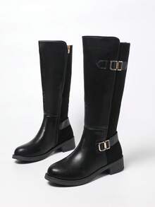 Plus Size Women's Autumn/Winter Leather + Suede Patchwork Side Zipper Fashion Riding Boots, Metal Buckle Decor Adds Sophistication, Shaft Height Flatters Leg Lines, Side Zipper Single-Hand Wear & No Chafing, Thermal Lined Keeps Warm & Comfortable In Winter, Classic Nude Color Versatile & Timeless, Suitable For Commuting, Dates, Travel Photos, Can Be Paired With Various Outfits,Party