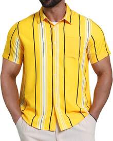 Mens Striped Shirt Casual Short Sleeve Button Down Summer Beach Shirt Tropical Hawaiian Shirtshalloween - Vàng08 - Xem 9