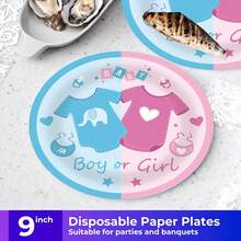 性别揭秘派对主题 20/40/60/80/100 件一次性餐具套装，带有性别揭秘派对主题，包括 7 英寸纸盘、9 英寸纸盘、9 盎司杯子、餐巾纸，适用于日常聚会、生日派对、新娘送礼会、婴儿送礼会、俱乐部、婚礼、茶会、野餐 - 彩色 - 查看 6