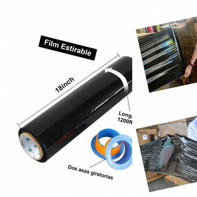Envoltura Estirable Negra Industrial Alta Resistencia - 18 Pulgadas x 1200 Pies por Rollo, Calibre 70, con Asa Plástico - Pack 4 Rollos
