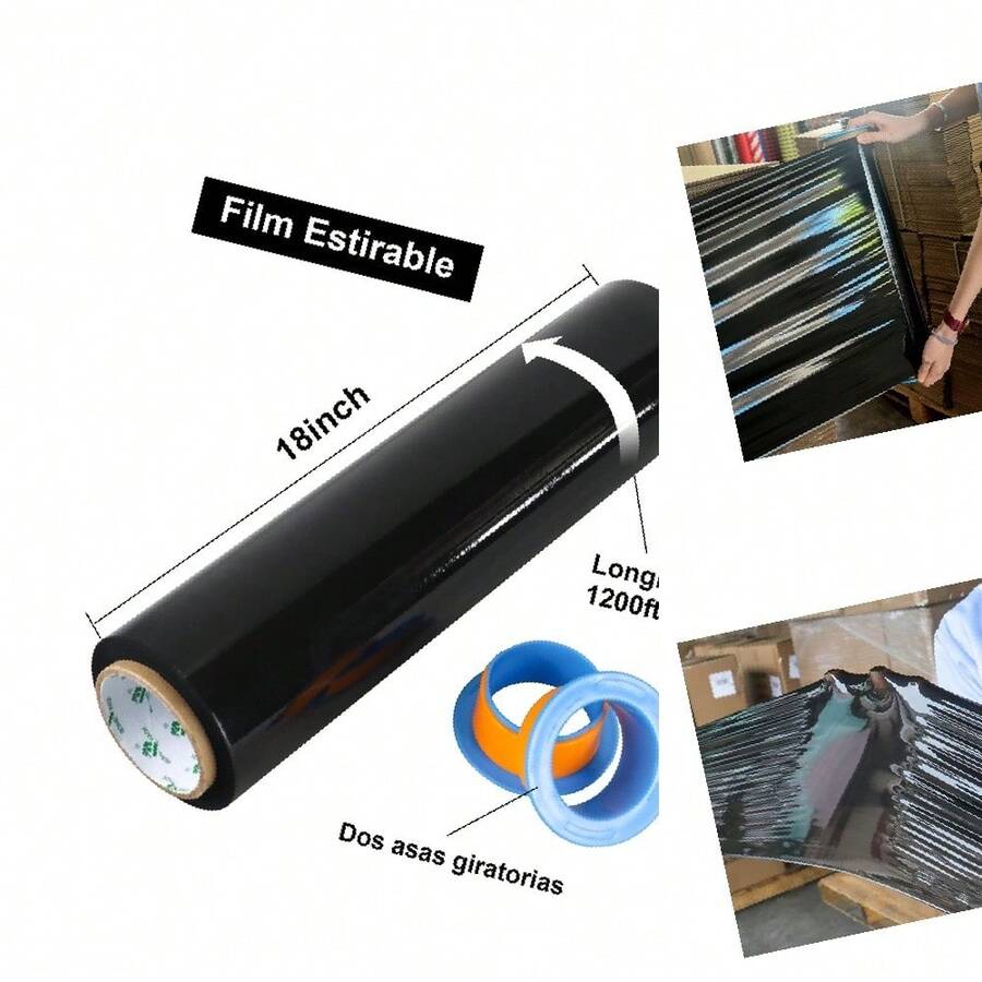 Envoltura Estirable Negra Industrial Alta Resistencia - 18 Pulgadas x 1200 Pies por Rollo, Calibre 70, con Asa Plástico - Pack 4 Rollos - Negra - Ver 1