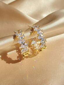 Rakol 2pcs Cubic Zirconia Hoop Earrings - 金白色 - 查看 5