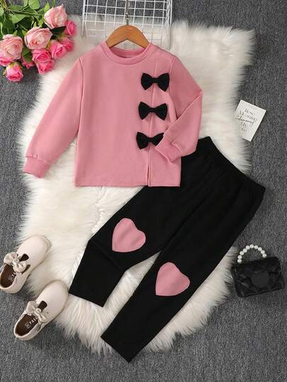 2件套年轻女孩休闲蝴蝶结装饰上衣和裤子套装