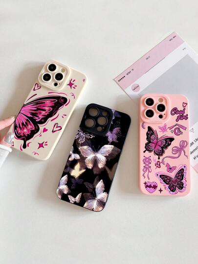3pcs Butterfly Pattern Shock-Absorbing Phone Cases, With Camera Protrusion Protection, Fashionable And Durable TPU Phone Cases, Creative And Stylish Full-Coverage Anti-Drop Phone Cases In Black, Beige, And Pink Compatible With IPhone Air/17/17 Pro/17 Pro Max, IPhone 13, Phones