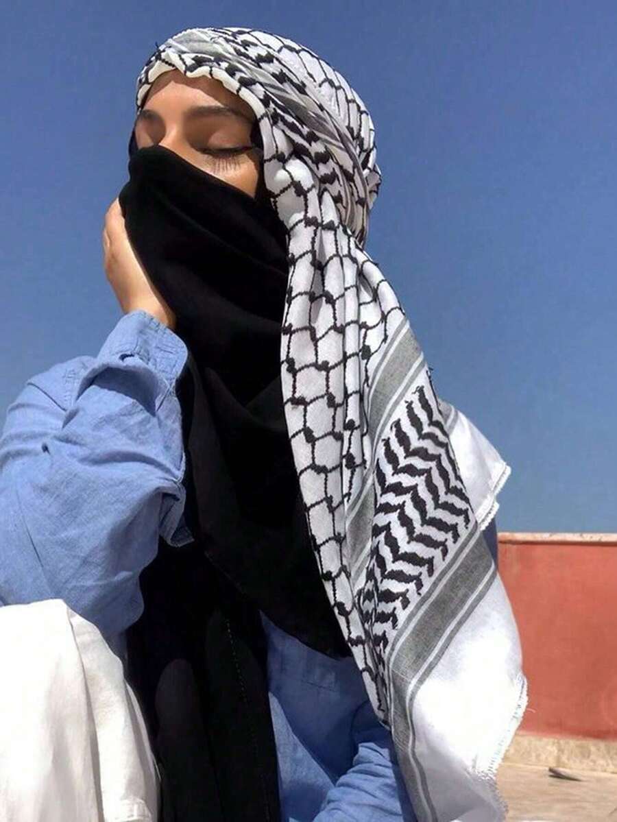 1 件女士穆斯林加大码户外沙漠防风防紫外线头巾战术印花围巾，时尚休闲披肩适合日常穿着 - 黑色 - 查看 1