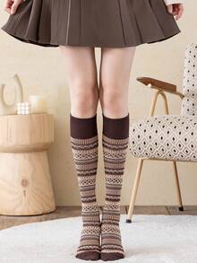 1 Đôi/5 Đôi Tất cao đến đầu gối dày cổ điển dành cho nữ, Tất ống dài phong cách Anh cổ điển, Tất dài đến đầu gối cá nhân hóa, Mùa thu/Đông, Tất ấm áp - Nhiều màu - Xem 5