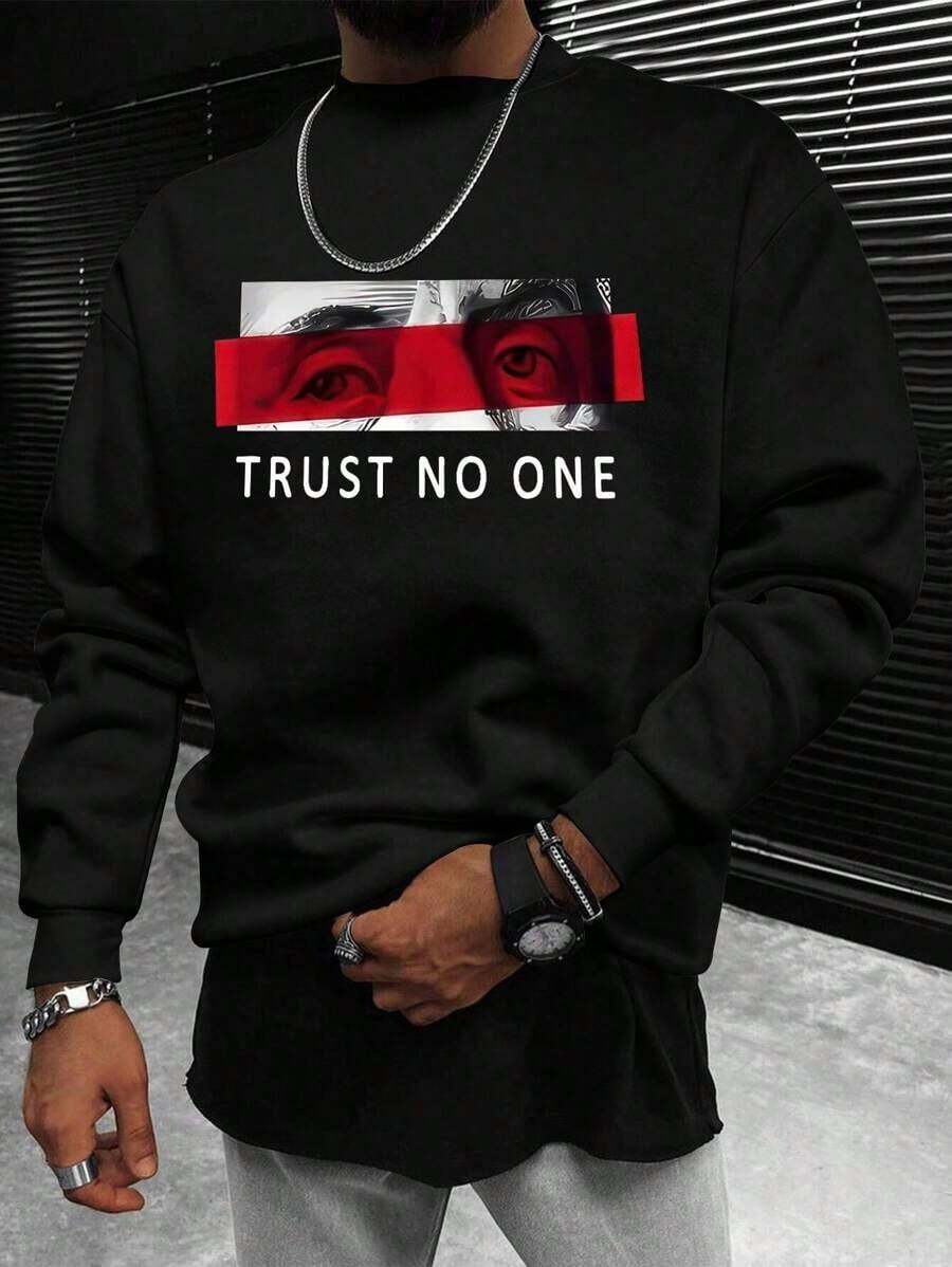Men's Casual Letter GraphicCrew Neck Sweatshirt, Spring/Autumn, Long Sleeve Top - 黑色 - 查看 1