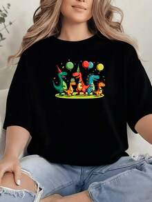 Cartoon Dinosaur Graphic Print T Shirt 220g Birthday Party Women's Casual 100% Cotton Tee 1pcs Cute Style - Black - View 1