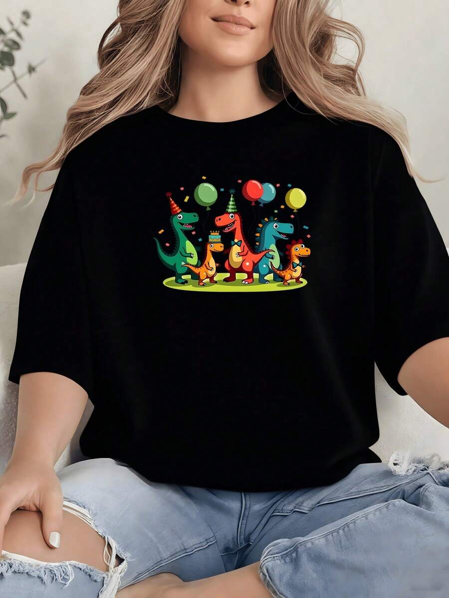 Cartoon Dinosaur Graphic Print T Shirt 220g Birthday Party Women's Casual 100% Cotton Tee 1pcs Cute Style - Black - View 1