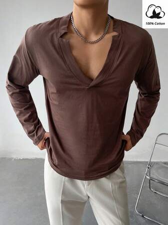 100% Cotton Men's Casual Solid Color Deep V-Neck Long Sleeve T-Shirt, Fall