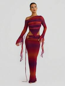 Bộ váy áo hai mảnh gợi cảm phong cách Y2K dành cho nữ, chất liệu lưới, thiết kế cổ áo bất đối xứng, hoàn hảo cho các bữa tiệc, mùa xuân/hè. - Màu đỏ tím - Xem 1