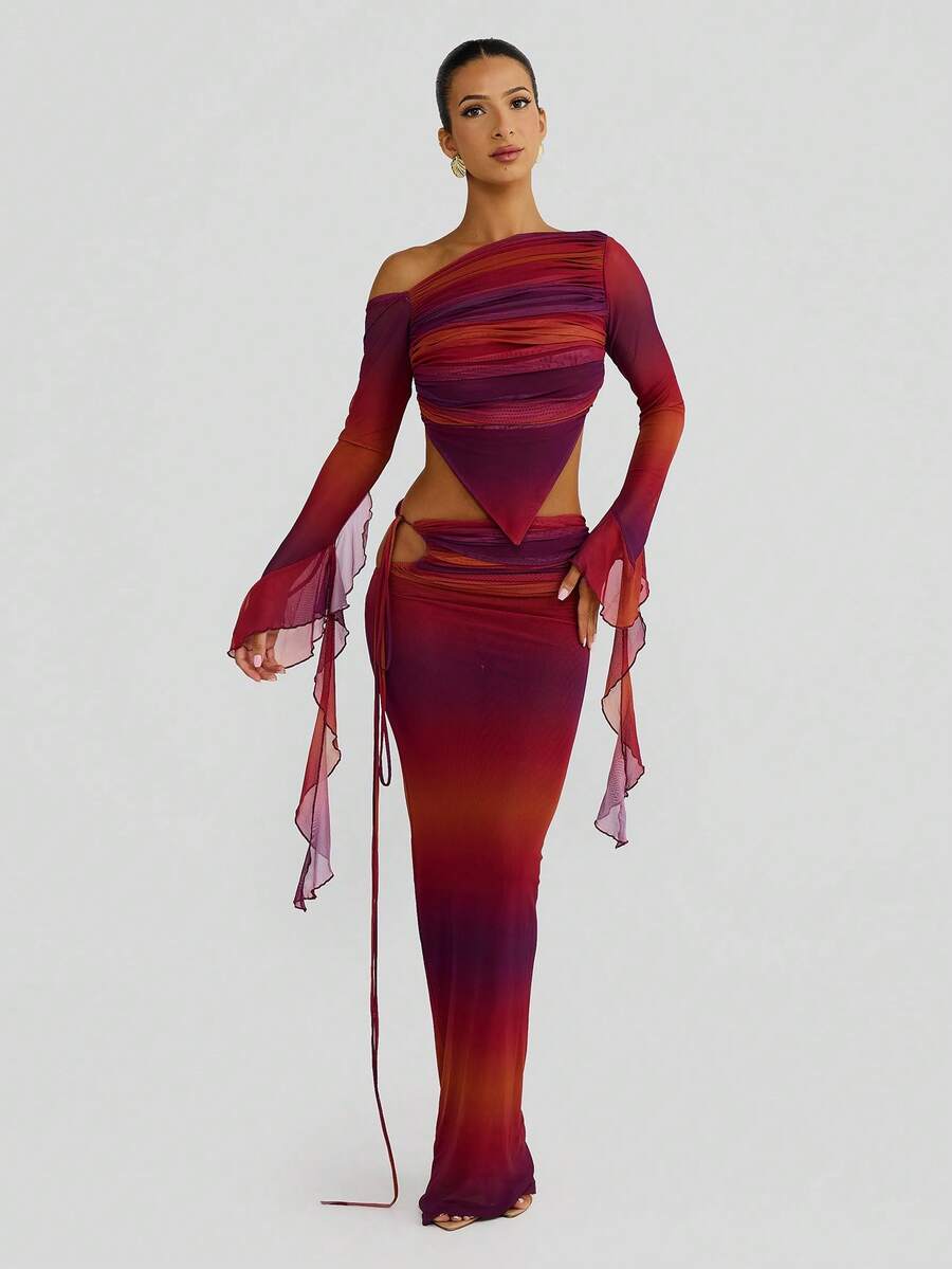 Bộ váy áo hai mảnh gợi cảm phong cách Y2K dành cho nữ, chất liệu lưới, thiết kế cổ áo bất đối xứng, hoàn hảo cho các bữa tiệc, mùa xuân/hè. - Màu đỏ tím - Xem 1