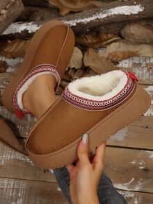 女士毛绒厚底拖鞋，秋冬新款人造保暖内衬套脚坡跟凉鞋，时尚百搭，蓬松拖鞋 - 棕色 - 查看 1