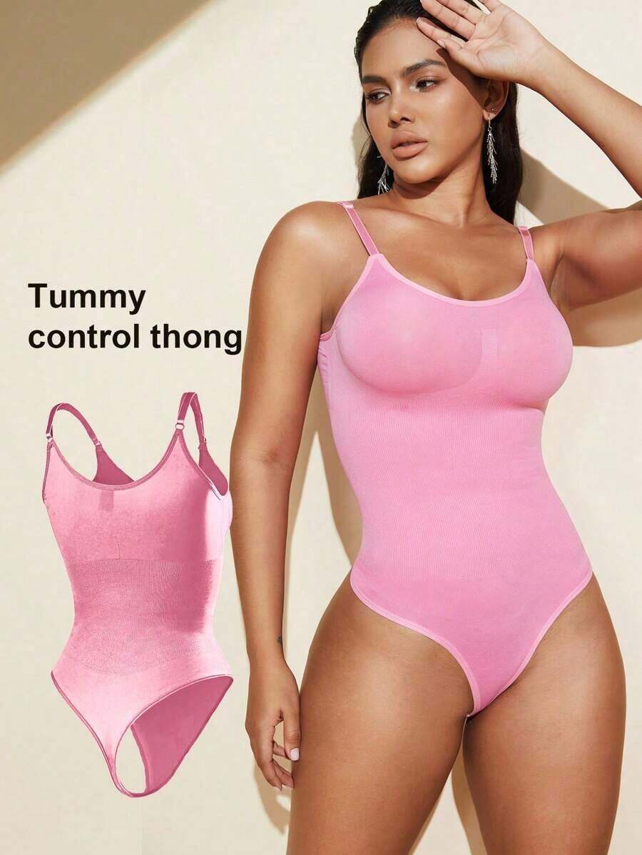 1pc Women Seamless Shaping Bodysuit With Thong Bottom, Slimming Bodyshaper Tummy Control Flat Belly Sheath Jumpsuit Shapewear Waist Trainer Shaper - 粉色 - 查看 1