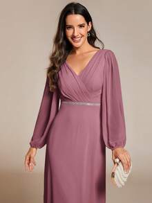 EVERPRETTY Elegant Spring Solid Color Lantern Sleeve V-Neck Rhinestone Decor Chiffon Bridesmaid Dresses, Long Sleeve Dress, Wedding Guest Gown Formal Dresses - Dusty Pink - View 6