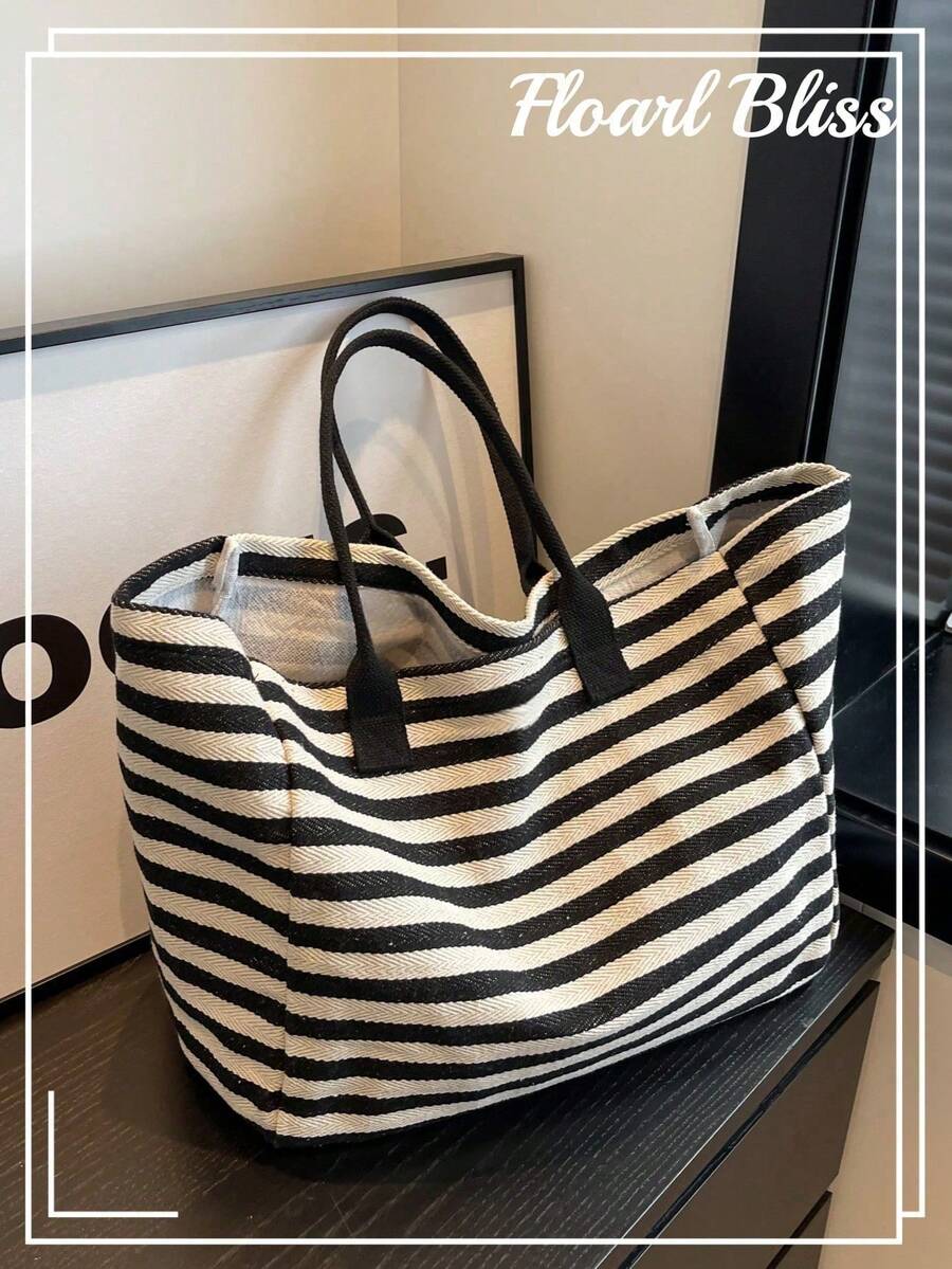 Canvas Tote Bag For Women, Large Capacity, New Summer Style, Versatile Shoulder Bag, Striped Texture, Suitable For School And Commute - Black and White - View 1