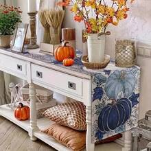 1 Thanksgiving Linen Table Runner - Blue And White Pumpkin Maple Leaf Design, Autumn Harvest Decoration Suitable For Farmhouse Restaurant Family Party, Multiple Sizes Available, Thanksgiving Table Decoration, Chinese Restaurant Style