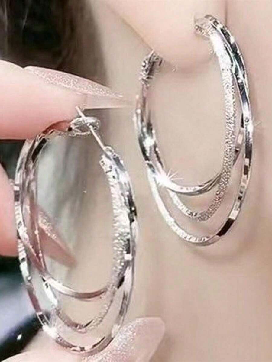 1pair Three Lives, Three Worlds Exquisite Earrings, Luxury Goddess Style Dramatic Hoop & Stud Earrings, Christmas Gift - 銀色 - 查看 1