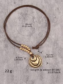 1pc Fashionable Minimalist Multi-Layer Asymmetrical Circle Pendant Long Necklace For Women - Golden Corrugated Round Plaque - View 6
