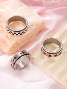 3 Peças Anéis Giratórios de Alívio de Estresse Personalizados de Aço Inoxidável da Moda Hip Hop, Cruz, Baralho, Padrão Xadrez, Acessórios Unissex Adequados para Uso Diário, Festivais, Encontros, Presentes