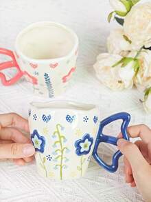 1 Stück 380ml Fassungsvermögen Keramikbecher mit kreativem Unterglasur Blumen Handbemaltem Muster, geeignet für Milch & Kaffee - Verschiedenfarbig - Übersicht 4