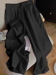 Plus Size Women Autumn/Winter Sports Pants, Elastic Drawstring Waist, Loose Casual Trousers For Running, Fitness, Daily Wear, Fashionable Slimming Pockets Flared Leg Soft Pants