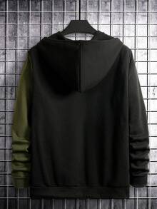 Men's Contrast Color Patchwork Zipper Hoodie Sweatshirt, Long Sleeve Top - Army Green - View 2