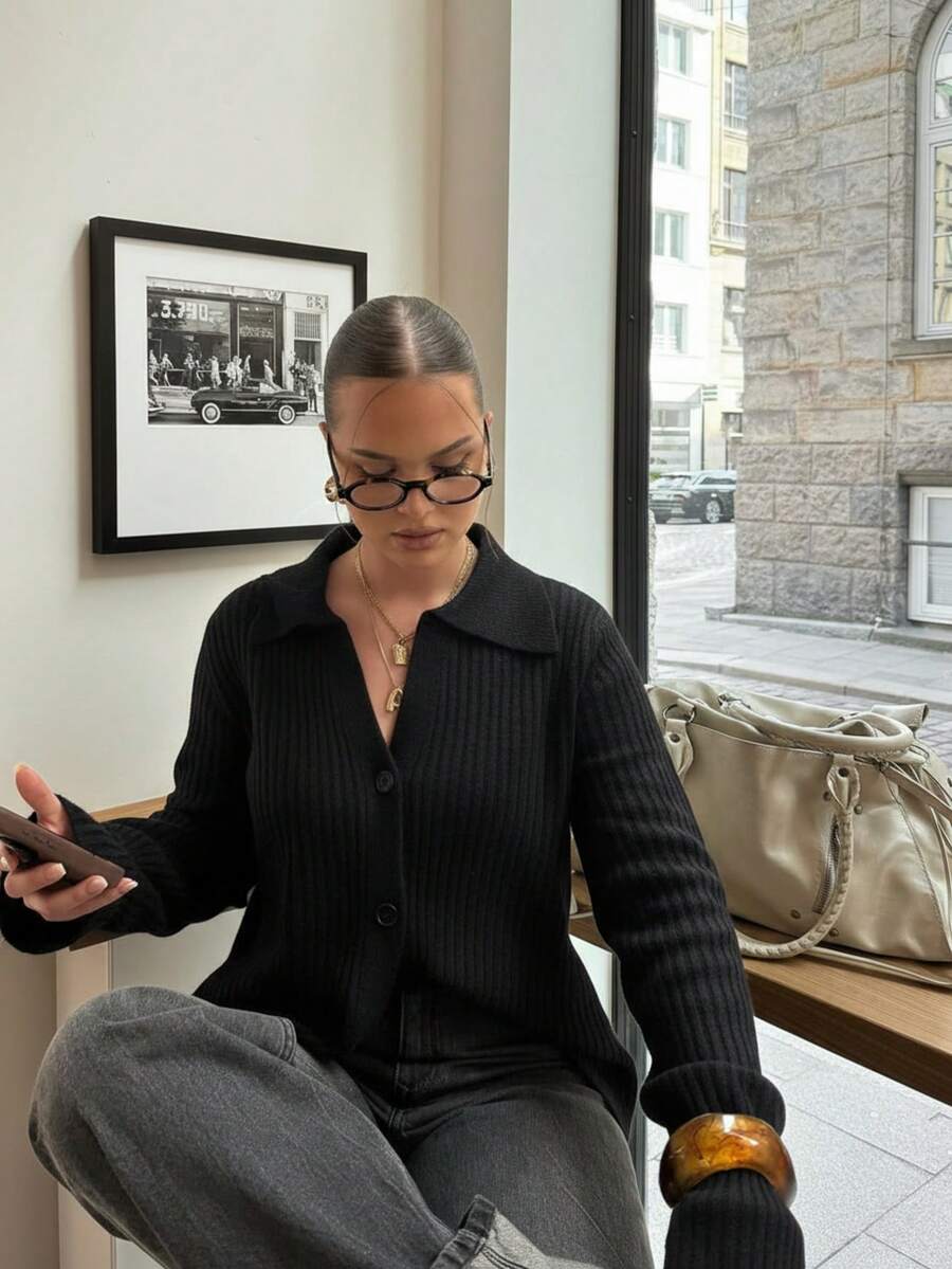 Senya 女士秋冬新款芥末黄翻领纽扣长袖针织开衫，竖条纹休闲宽松套头毛衣，日常通勤针织外套 黑色 - 黑色 - 查看 1