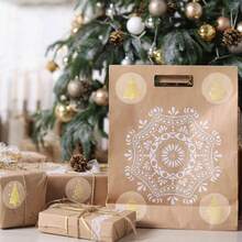 1 Rollo/500 piezas Rollo de Pegatinas Doradas de Navidad - Diseños elegantes de árbol de Navidad y adornos para tarjetas de felicitación navideñas, envoltorios de regalo y sobres, 6 patrones, fondo transparente, material de papel, Pegatinas Navideñas